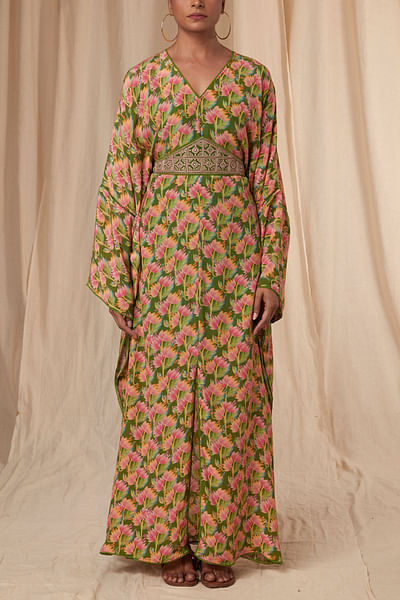 Sap green floral printed slit kaftan and belt