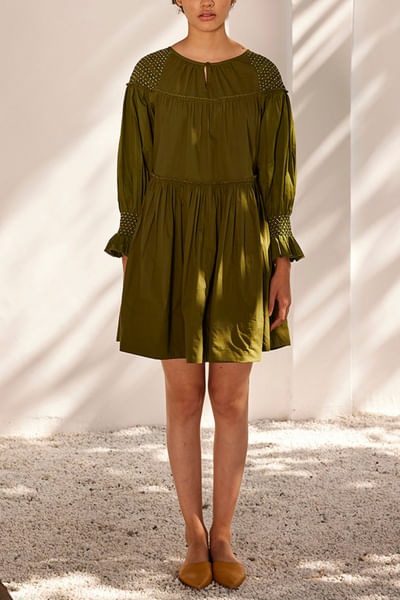Sap green smocked and gathered dress