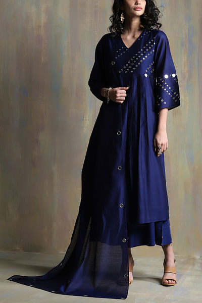 Sapphire blue mirror embellished chanderi kurta set