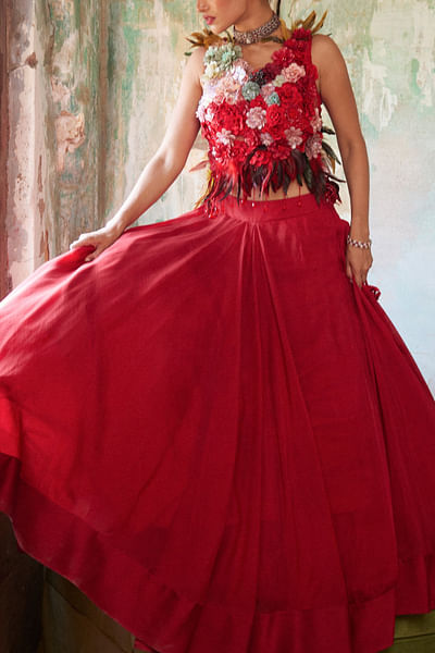 Scarlet red 3D floral embroidery skirt set