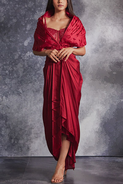Scarlet red cutdana embroidery draped gown set