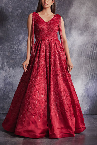 Scarlet red floral embroidery gown