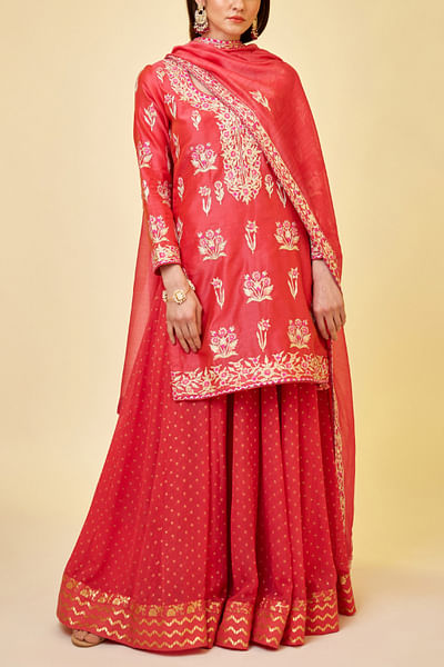 Scarlet red gota embellished kurta skirt set