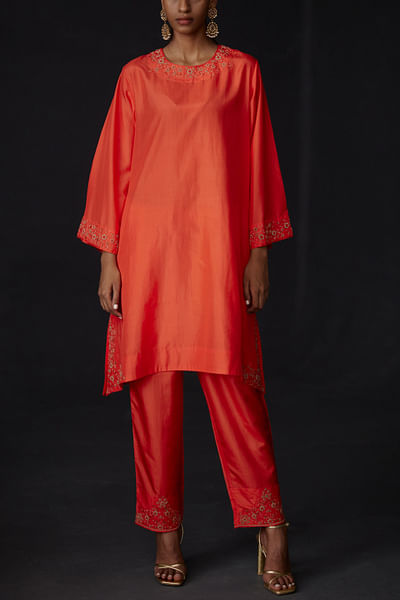 Scarlet red placement embroidery kurta and pants
