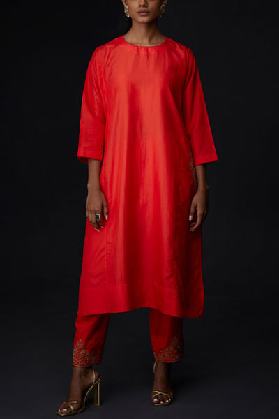 Scarlet red placement embroidery kurta set