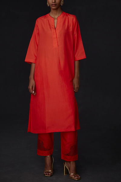 Scarlet red silk kurta and cutwork pants