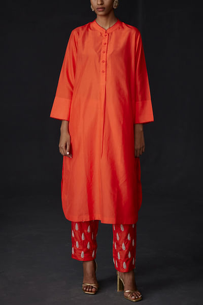 Scarlet red silk kurta and embroidered pants