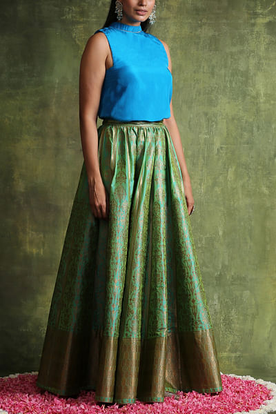 Sea green banarasi skirt set