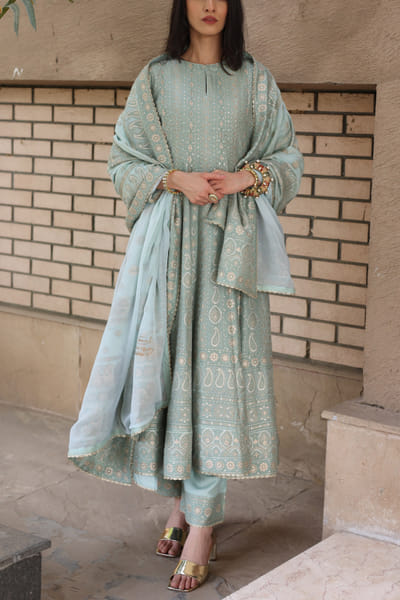 Safaa Sea green chikankari woven anarkali set SAFKB2315