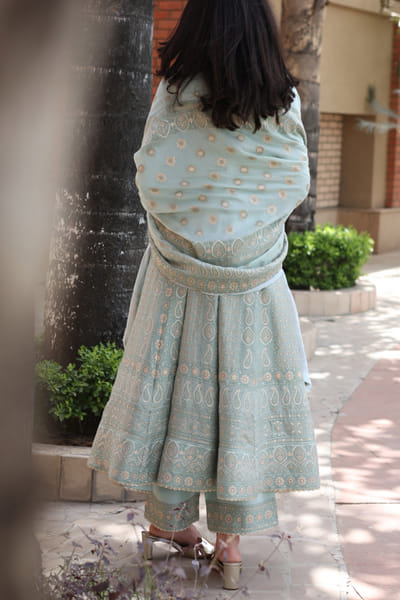 Safaa Sea green chikankari woven anarkali set SAFKB2315