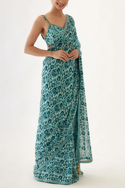 Sea green floral printed sari set