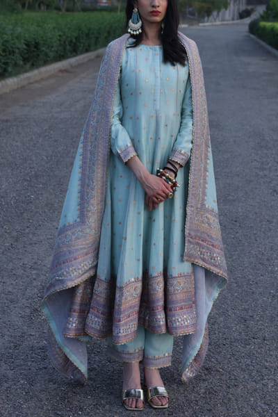 Safaa Sea green floral woven anarkali set SAFKB2313