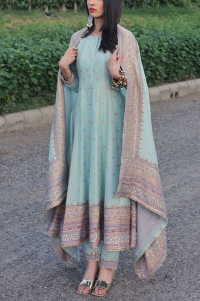 Safaa Sea green floral woven anarkali set SAFKB2313