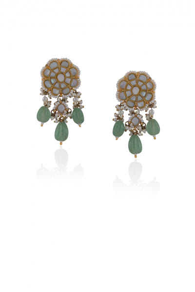 Sea green mother of pearl and semi-precious stone studded earrings