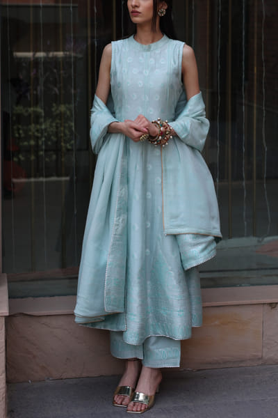 Safaa Sea green motif woven anarkali set SAFKB2321