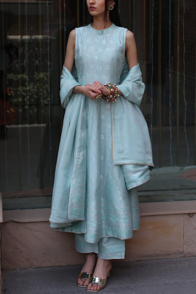 Safaa Sea green motif woven anarkali set SAFKB2321