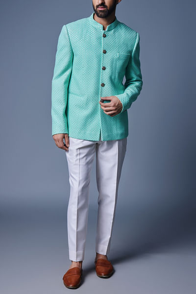 Sea green sequin embellished bandhgala set