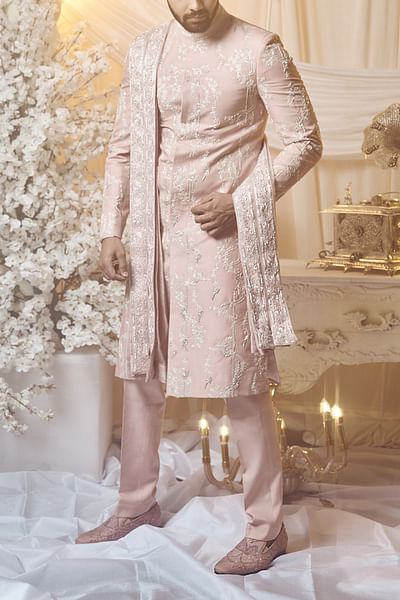 Seashell pink glass bead and thread embroidery sherwani set