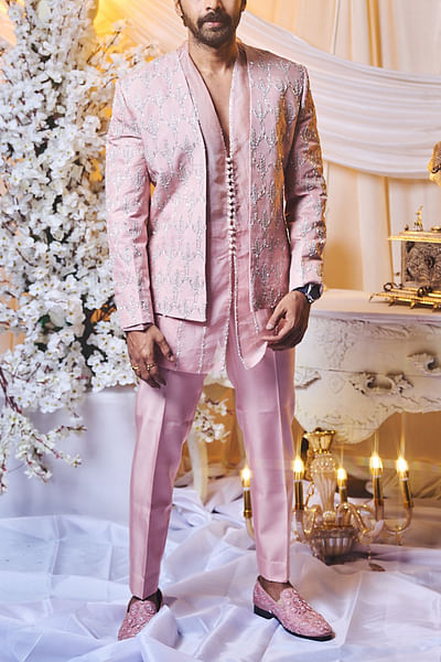 Seashell pink thread and glass bead embroidery open jacket set