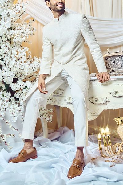 Seashell white thread and glass bead embroidery sherwani set