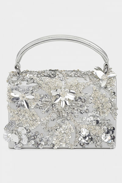 Silver 3D floral metallic embroidery handbag