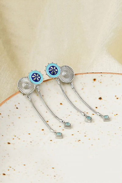 Silver and blue handpainted enamel earrings