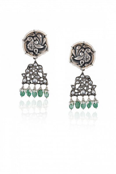 Silver and blue peacock kundan earrings