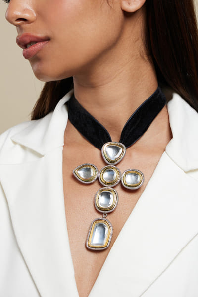Silver and gold cross polki choker