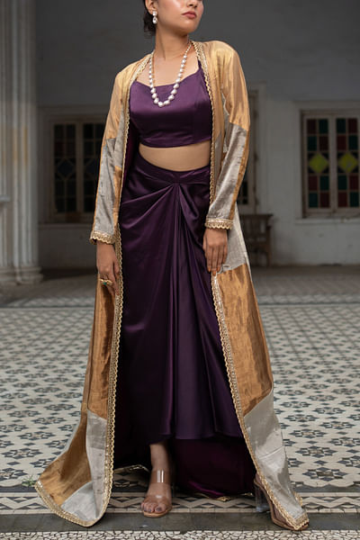 Silver and gold zari embroidered long jacket