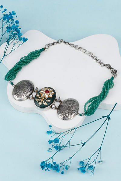 Silver and green bead embellished choker