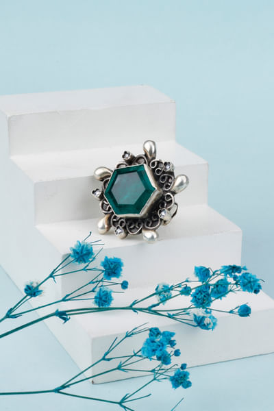 Silver and green semi-precious stone embellished adjustable ring