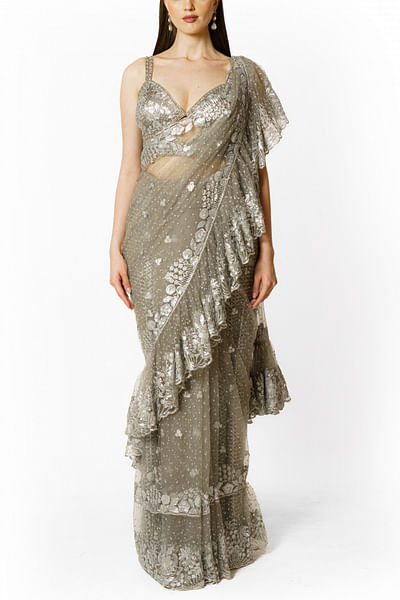Silver and grey floral embroidery frill sari set