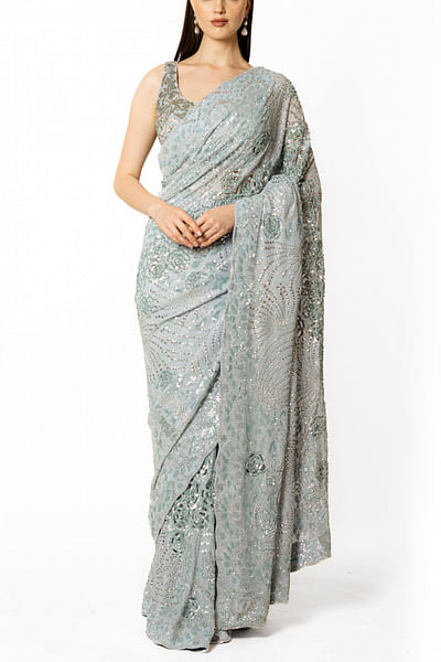 Silver and grey floral embroidery sari set
