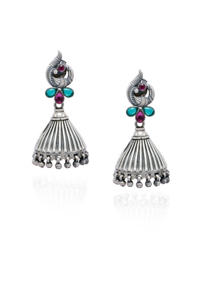 Silver bird gemstone oxidised jhumkas