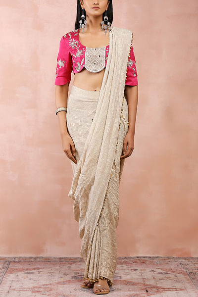 Silver crushed tissue pre-stitched sari set