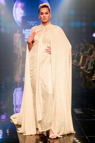 Silver crystal embellished cape sari set