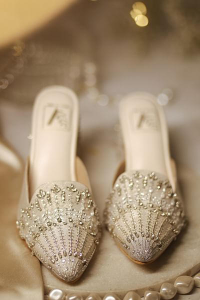 Silver crystal embroidery mule heels