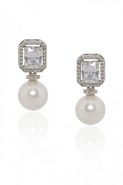 Silver diamond and pearl drop earrings