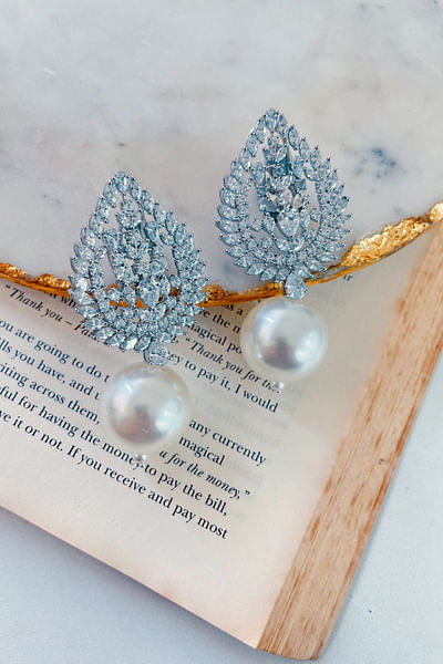 Silver diamond and pearl petal earrings