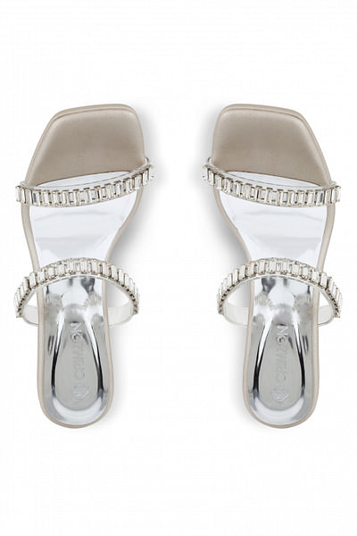 Silver diamond studded transparent block heels
