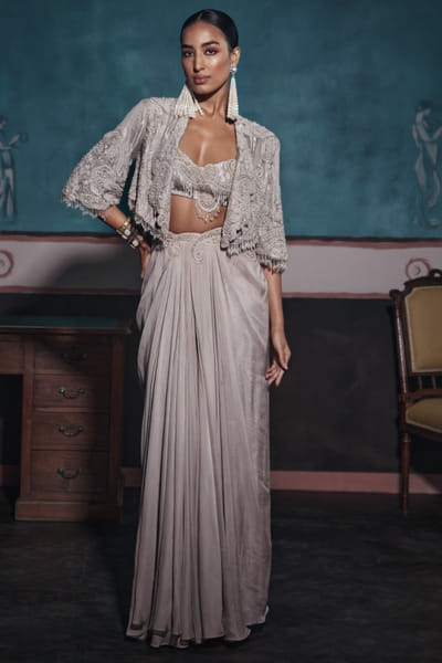 Silver draped skirt set
