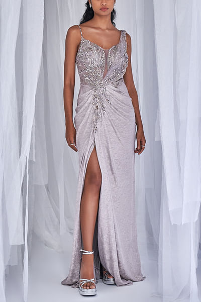 Silver embellished draped gown