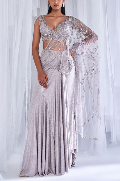Silver embellished draped saree set