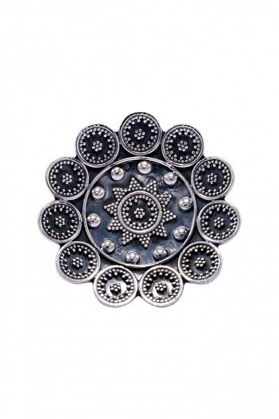 Silver floral oxidised ring