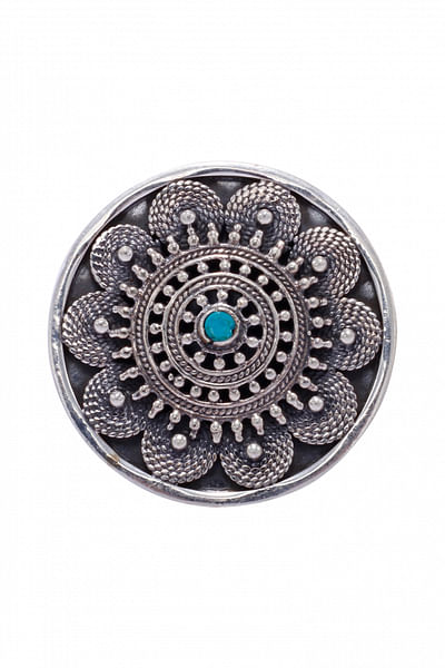 Silver floral turquoise gemstone oxidised ring