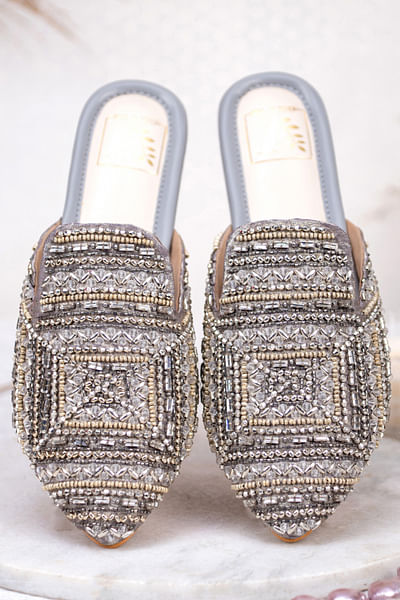 Silver geometric embroidery mules