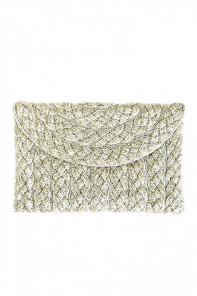 Silver glass beads and bugle beads braided clutch