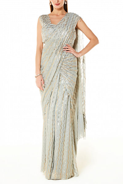 Silver grey embellished sari set