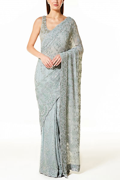 Silver grey sequin sari set