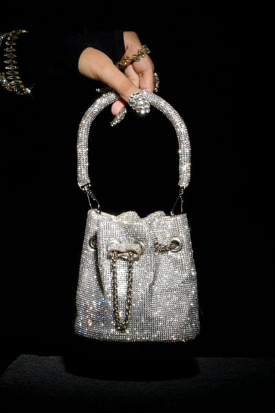 Silver hotfix stone mini bucket bag